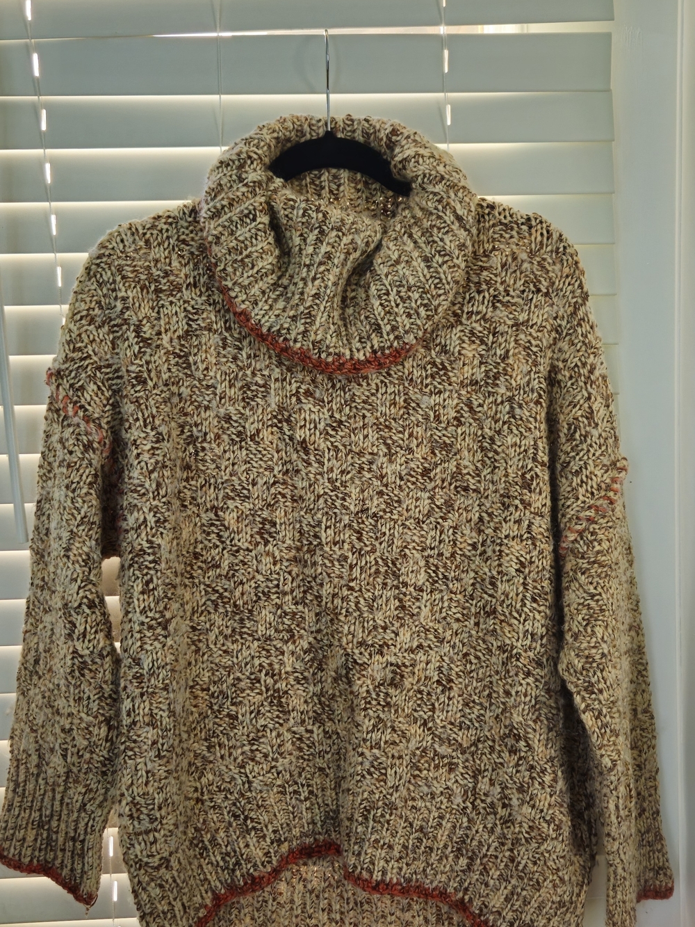 Free People Marled Oatmeal Cable-Knit Turtleneck Sweater with Rust Trim